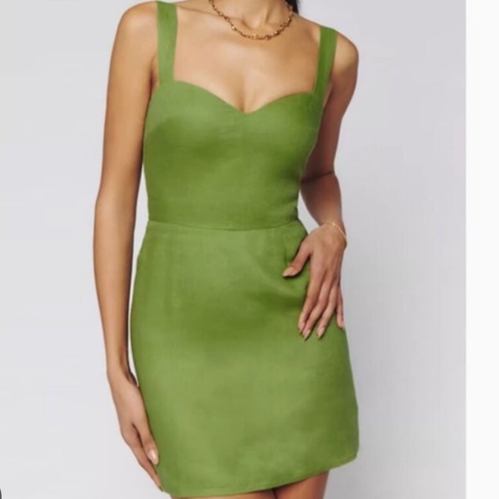 New Reformation Miso Linen Green Mini Dress Size 2 - Picture 7 of 7